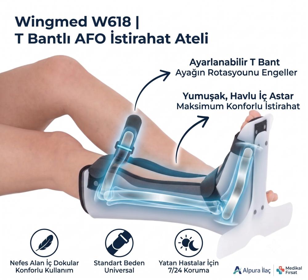 Wingmed W618 T Bantlı AFO İstirahat Ateli - Düşük Ayak ve Topuk Koruyucu Foot Guard